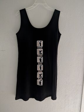 Black Sleeveless Graphic Tank Dress with Vertical Beige Motifs